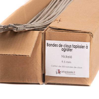 Carton de 500 bandes de clous tapissier à agrafer Lentille Fer Nickelé 9,5 mm
